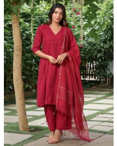 Red Zari Striped Cotton Suit - Set of 3