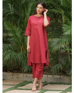 Red Cotton Dobby Kurta with Palazzo - Set of 2