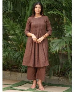 Brown Cotton Lurex Pleated Kurta with Palazzo - Set of 2