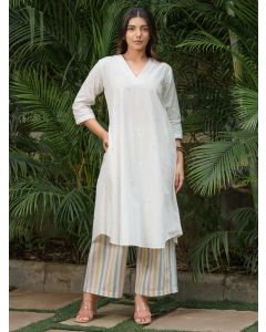 White Cotton Dobby kurta with Palazzo - Set of 2