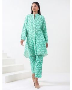 Green Printed Cotton Linen Kurta with Pants - Set of 2