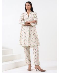 Sage Green Pink Printed Cotton Linen Kurta with Pants - Set of 2