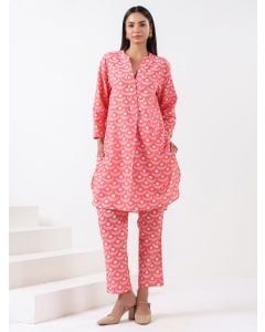 Red Printed Cotton Linen Kurta with Pants - Set of 2