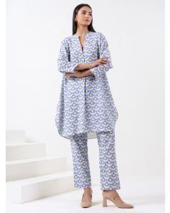 Blue Printed Cotton Linen Kurta with Pants - Set of 2