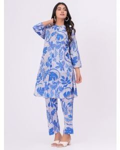 Blue White Printed Cotton Kurta with Pants - Set of 2