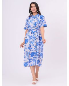 Blue Printed Cotton Dress with Belt