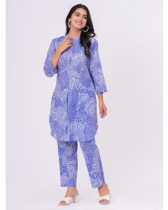 Blue Printed Cotton Kurta with Pants - Set of 2