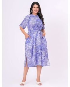 Blue Printed Cotton Dress with Belt