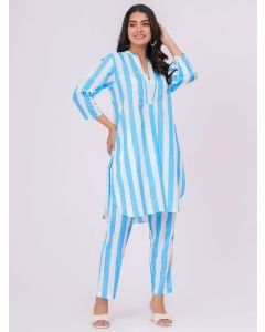 Blue White Striped Cotton Kurta with Pants - Set of 2