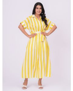 Yellow White Striped Cotton Dress with Belt