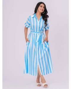 Blue White Striped Cotton Dress with Belt