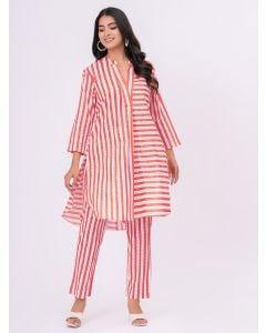 Orange White Striped Cotton Kurta with Pants - Set of 2