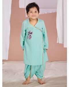 Blue Hand Embroidered Linen Kurta with Pants- Set of 2