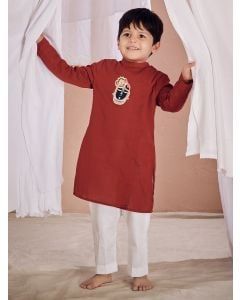 Maroon Hand Embroidered Linen Kurta with Pants- Set of 2