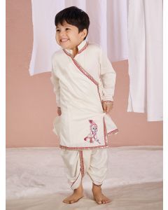 White Hand Embroidered Linen Kurta with Pants- Set of 2