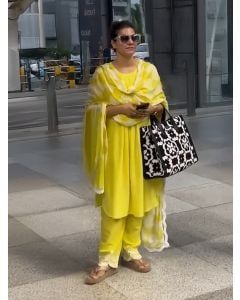 Yellow Pleated Linen Kurta with Cotton Pants- Set of 2
