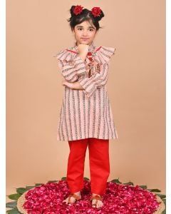 Peach Printed Cotton Embroidered Kurta with Pants - Set of 2