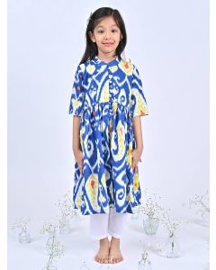 Blue Ikat Printed Cotton Kurta with Pants- Set of 2