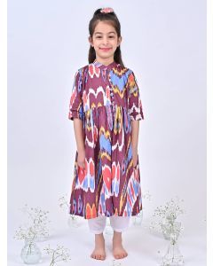 Multicolor Ikat Printed Cotton Kurta with Pants- Set of 2