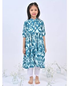 Teal Blue Ikat Printed Cotton Kurta with Pants- Set of 2