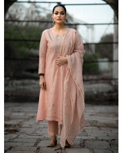 Peach Pittan Embroidered Chanderi Suit- Set of 3