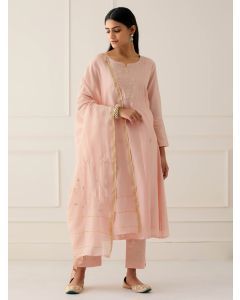 Peach Pittan Embroidered Chanderi Kurta with Pants- Set of 2