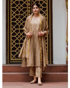 Brown Pittan Embroidered Chanderi Suit- Set of 3