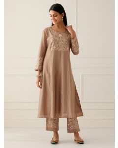 Brown Pittan Embroidered Chanderi Kurta with Pants- Set of 2