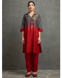 Grey Maroon Ombre Dyed Cotton Silk Embroidered Kurta with Pants- Set of 2