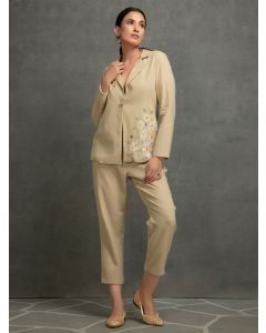 Beige Embroidered Cotton Slub Co-ord Set- Set of 2