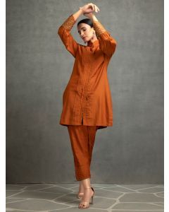 Brown Hand Embroidered Cotton Silk Co-ord Set- Set of 2
