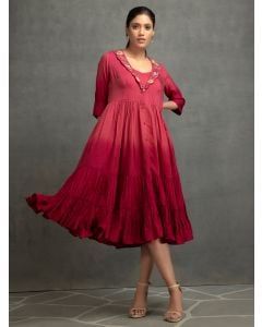 Pink Ombre Dyed Cotton Silk Embroidered Dress with Slip