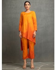 Orange Printed Cotton Silk Kurta with Pants- Set of 2