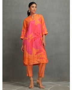 Orange Printed Cotton Silk Hand Embroidered Kurta with Pants- Set of 2