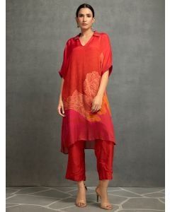 Red Printed Cotton Silk Kurta with Pants- Set of 2
