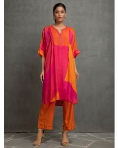Pink Printed Cotton Silk Hand Embroidered Kurta with Pants- Set of 2