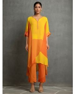 Yellow Orange Printed Georgette Kurta with Slip and Pants- Set of 2