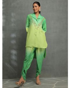 Green Embroidered Cotton Silk Co-ord Set- Set of 2