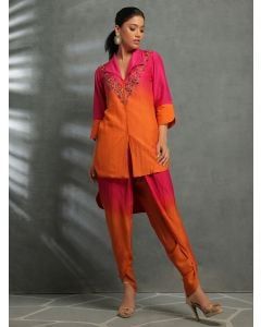 Pink Orange Embroidered Cotton Silk Co-ord Set- Set of 2