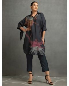 Black Printed Cotton Silk Hand Embroidered Kurta with Pants- Set of 2