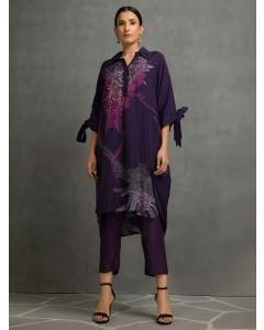 Purple Printed Cotton Silk Hand Embroidered Co-ord Set- Set of 2