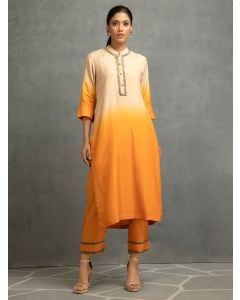 Beige Orange Hand Embroidered Cotton Silk Kurta with Pants- Set of 2