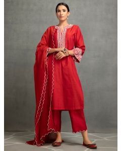 Red Embroidered Chanderi Suit- Set of 3