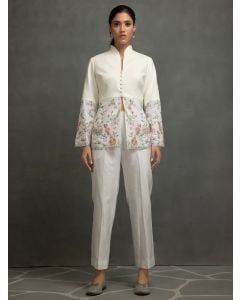 White Embroidered Cotton Slub Co-ord Set- Set of 2