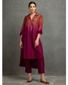 Brown Purple Embroidered Cotton Silk Kurta with Pants- Set of 2