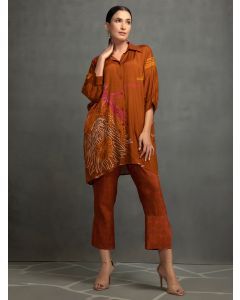 Brown Printed Cotton Silk Hand Embroidered Co-ord Set- Set of 2
