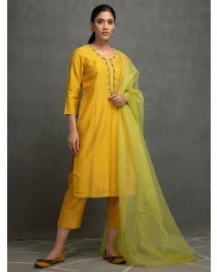 Yellow Embroidered Chanderi Suit- Set of 3