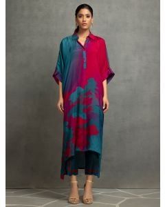 Pink Blue Printed Cotton Silk Kurta with Pants- Set of 2