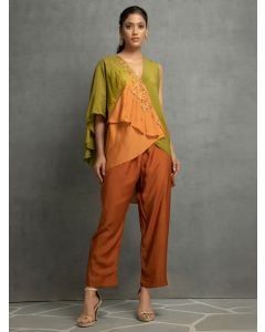 Green Peach Ombre Dyed Cotton Silk Embroidered Co-ord Set- Set of 2
