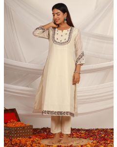 Off White Embroidered Chanderi Kurta with Pants-Set of 2